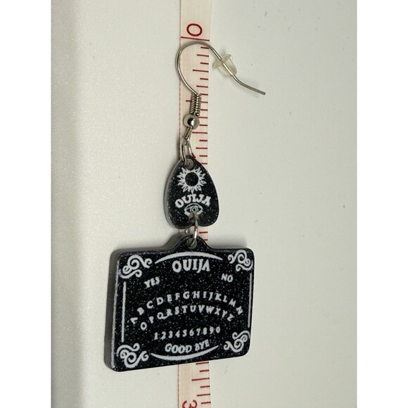 Ouiji Board Planchette Earrings Black Glitter Acrylic Halloween Spirit Board - Picture 2 of 4